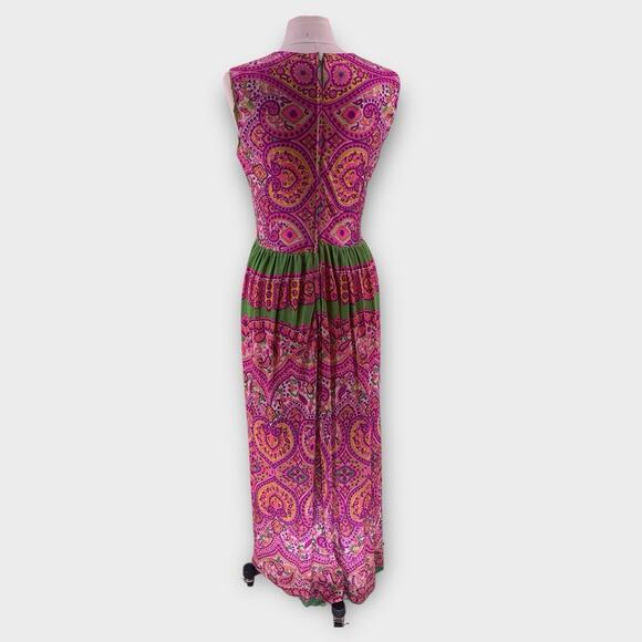 Vintage Paisley Print Maxi Dress Pink Green Glitter Boho 70s Slim Aarons Size M - Picture 2 of 9
